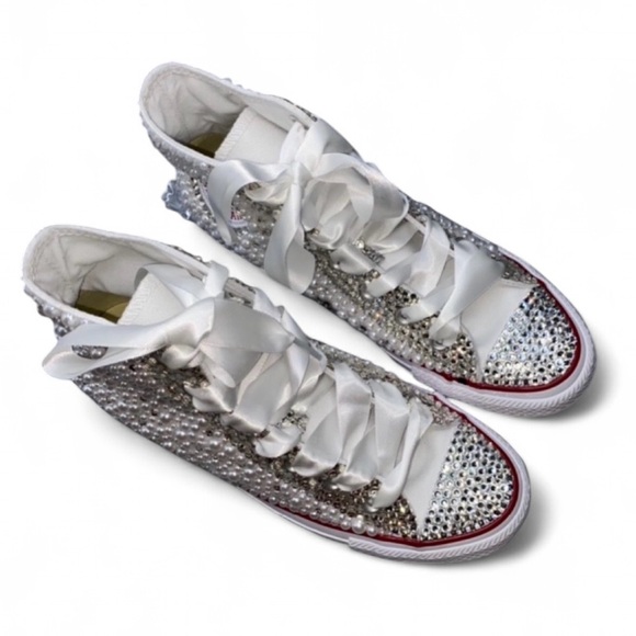 Crystals Diamond & Pearls High Top Converse Sizes 5-14 New With Ribbon Laces - Picture 5 of 15